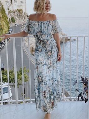 Baltic Born Amalfi Dress - Off-Shoulder Blue Floral Dress